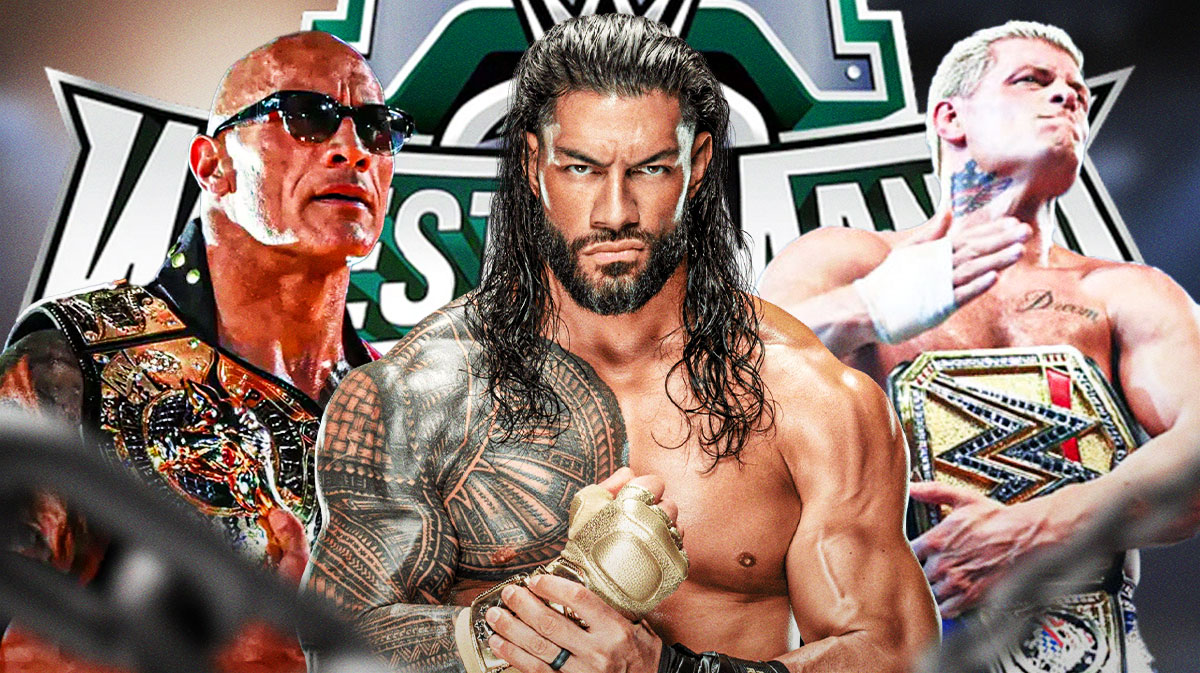 The Rock, Roman Reigns, and Cody Rhodes with WWE WrestleMania XL logo.