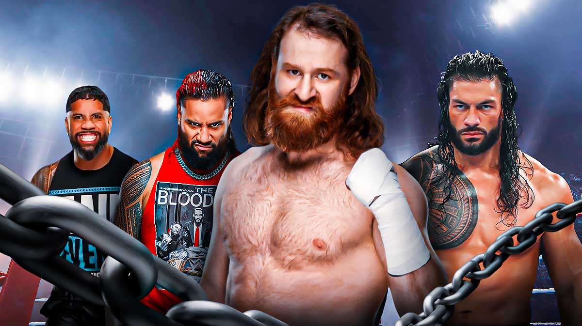 WWE star Sami Zayn with the Bloodline members around him (Jey Uso Jimmy Uso, and Roman Reigns).