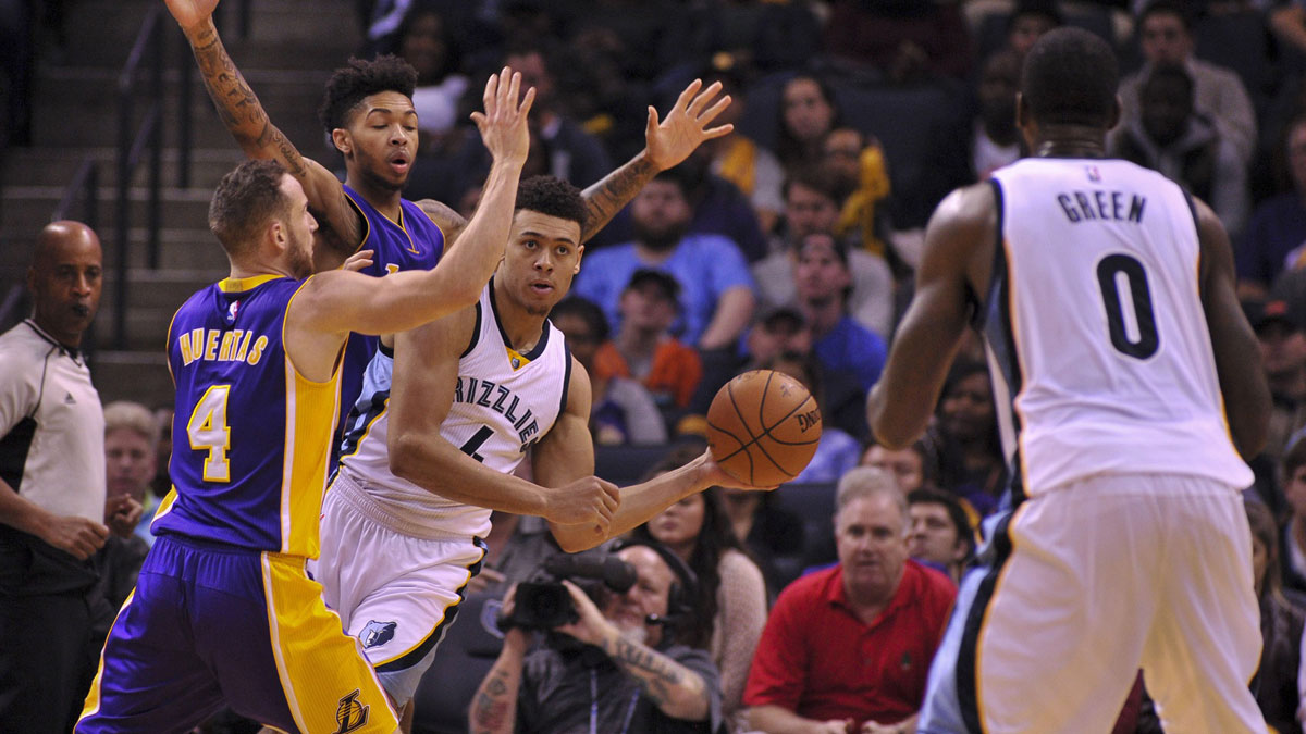 Memphis Grizzlies guard Wade Baldwin IV (4) passes to forward JaMychal Green (0) against Los Angeles Lakers guard Marcelo Huertas (4) and forward Brandon Ingram (14) during the second half at FedExForum. Memphis Grizzlies defeats the Los Angeles Lakers 103-100.