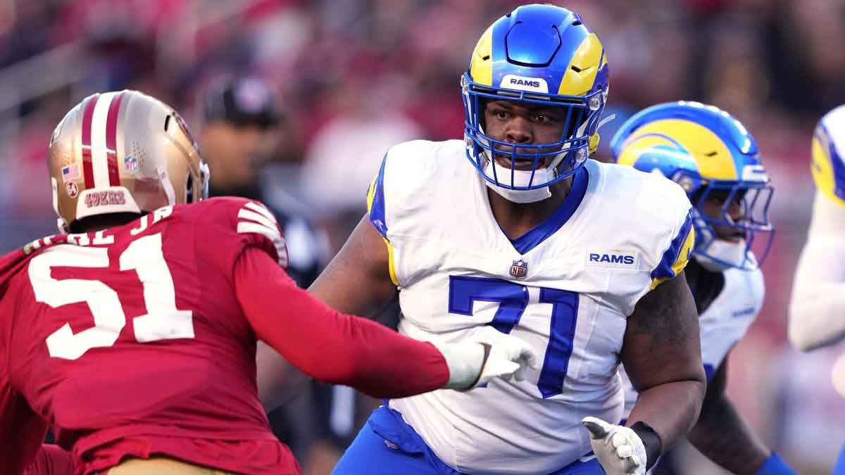 Los Angeles Rams offensive tackle Warren McClendon Jr. (71) blocks San Francisco 49ers defensive end Robert Beal Jr. (51) during the fourth quarter at Levi's Stadium. 