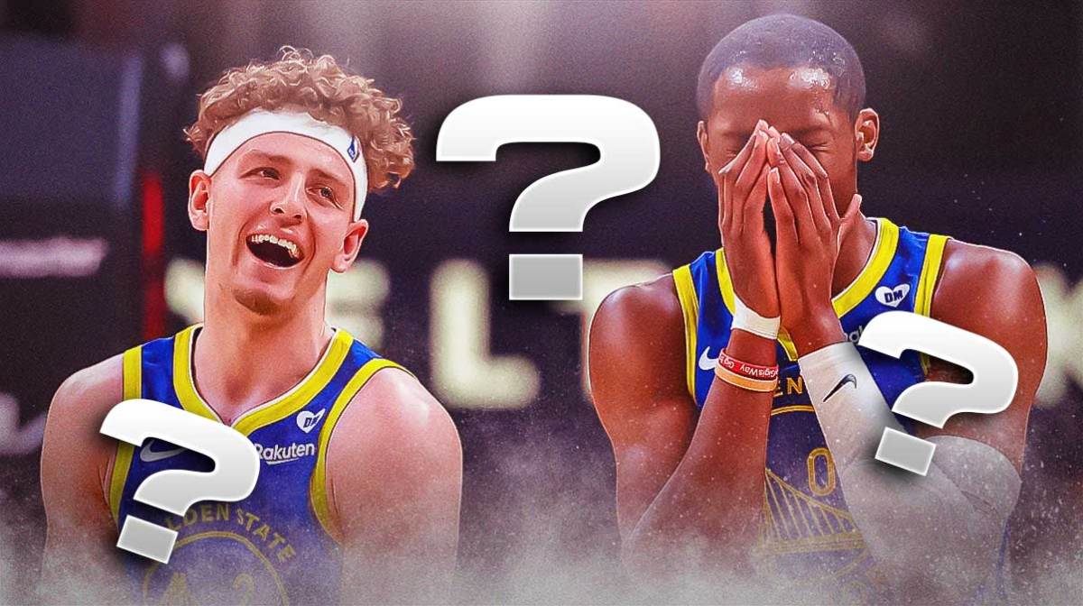 Warriors' Jonathan Kuminga and Brandin Podziemski looking sad, question marks all over