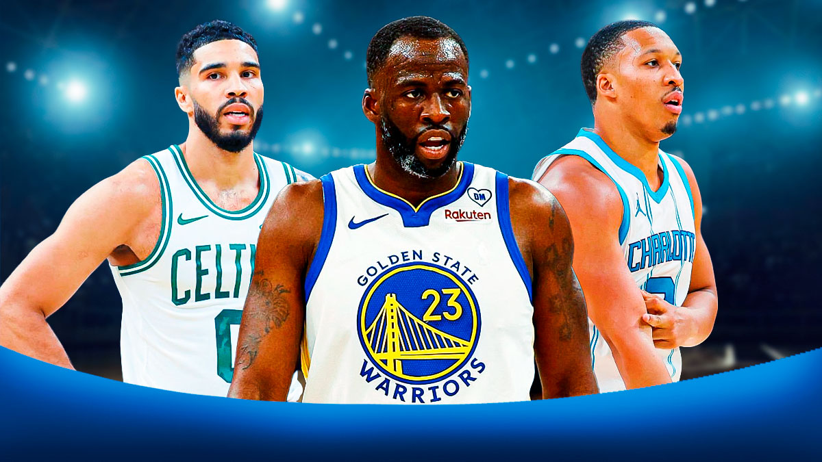 Warriors Draymond Green (center) with Celtics Jayson Tatum (left) and Hornets Grant Williams (right)