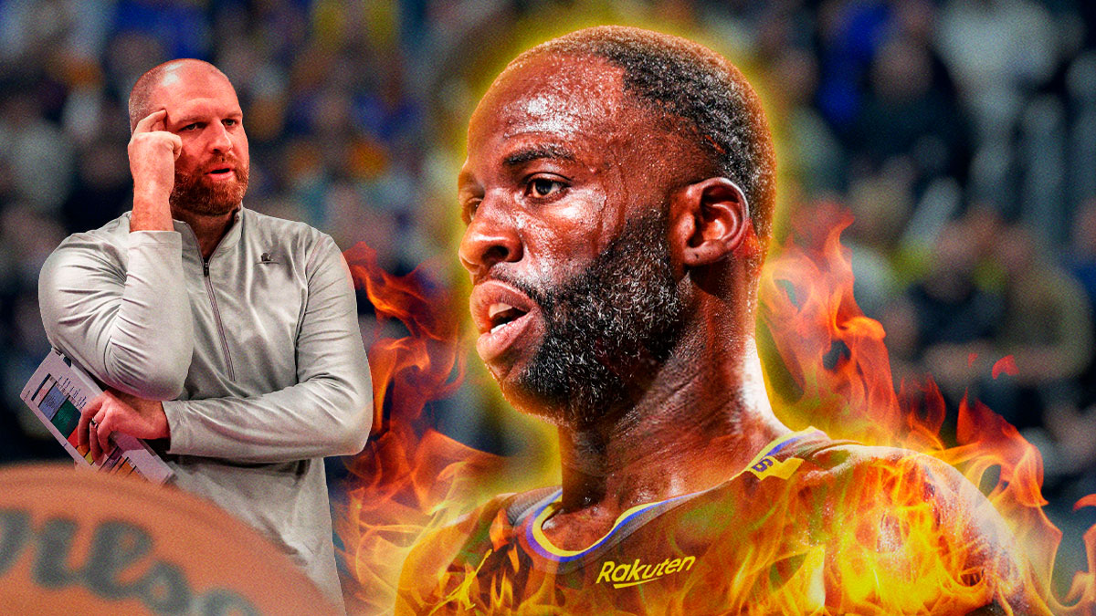 Draymond Green with a fire flame surrounding him and Taylor Jenkins