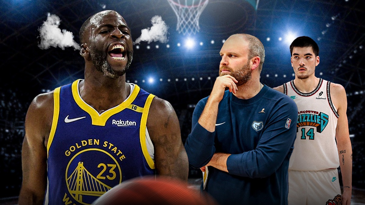 Draymond Green Warriors with steam coming out of his ears because he's angry at Grizzlies coach Taylor Jenkins and Grizzlies center Zach Edey next to him