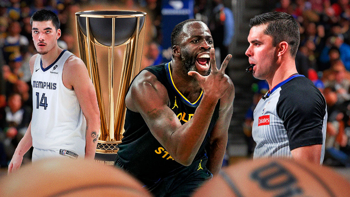 Warriors forward Draymond Green screaming at an NBA official next to Grizzlies center Zach Edey with the NBA Cup's trophy in the background