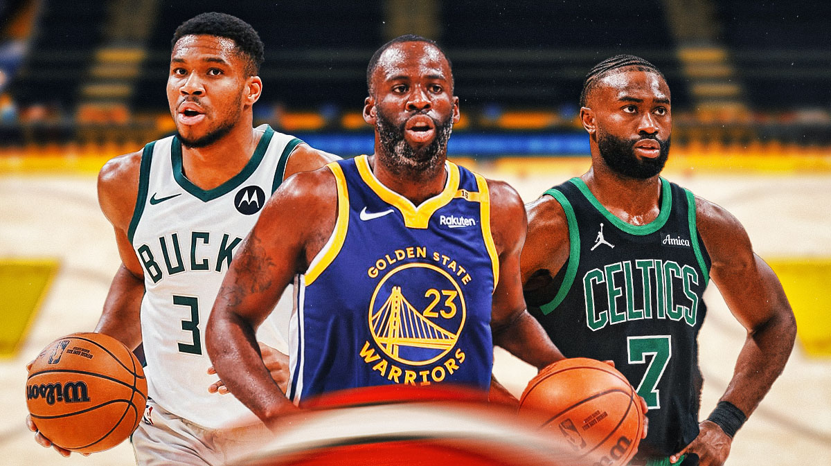 Warriors Draymond Green (middle) with Bucks Giannis Antetokounmpo and Celtics Jaylen Brown