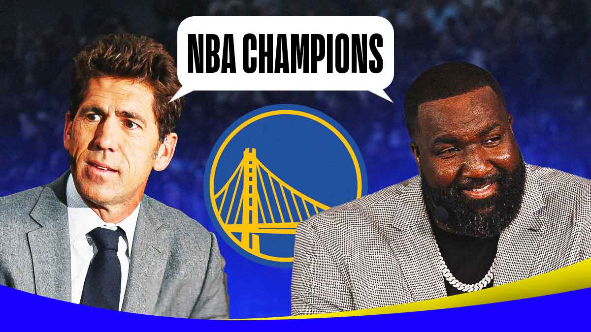 Bob Myers and Kendrick Perkins with a collective thought bubble that says "NBA Champions" and the Golden State Warriors logo is behind them