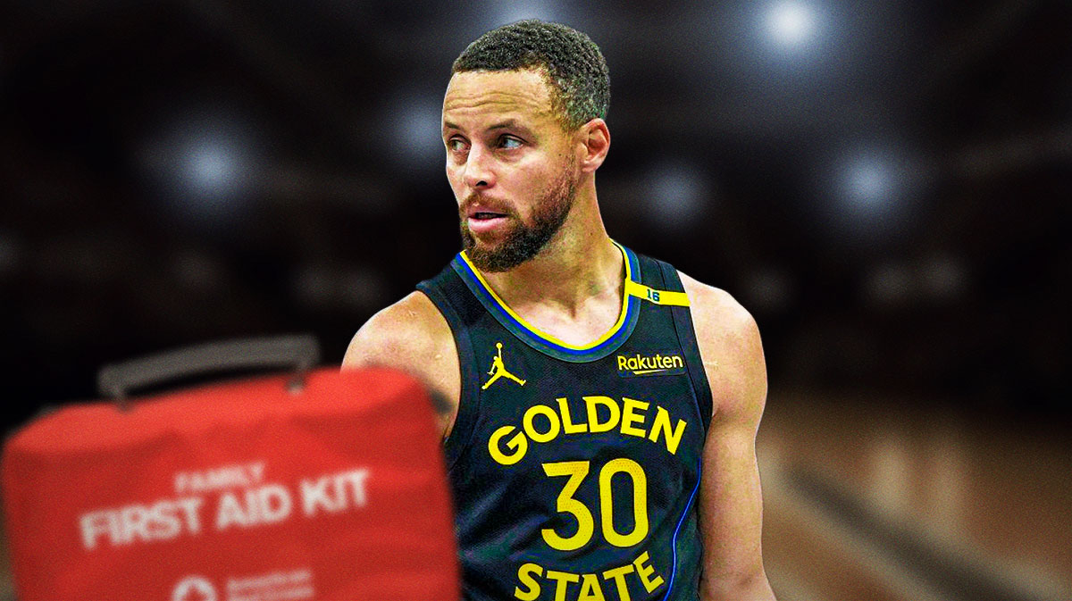 Stephen Curry (Warriors) passing a ball but replace the ball with a medical cross symbol