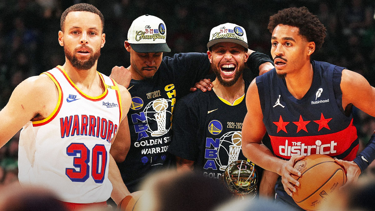 Warriors' Stephen Curry on the left, Wizards' Jordan Poole on the right, with picture of them together in 2022 NBA Finals in the middle