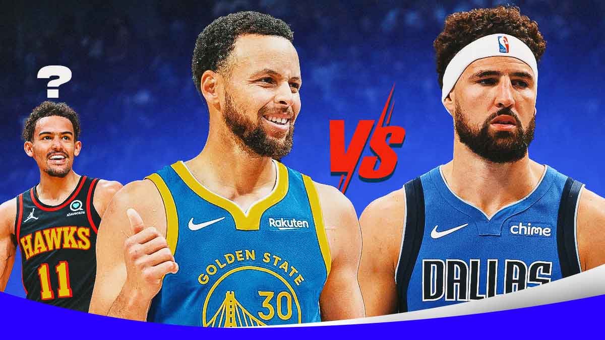 awks' Trae Young looking confused, question mark above his head while looking at Warriors' Stephen Curry smiling at Mavericks' Klay Thompson, with VS. symbol between Curry and Thompson