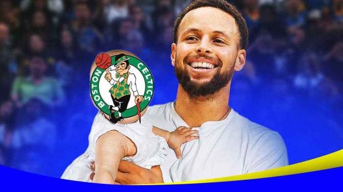 Warriors' Stephen Curry holding a baby with the Celtics logo on it