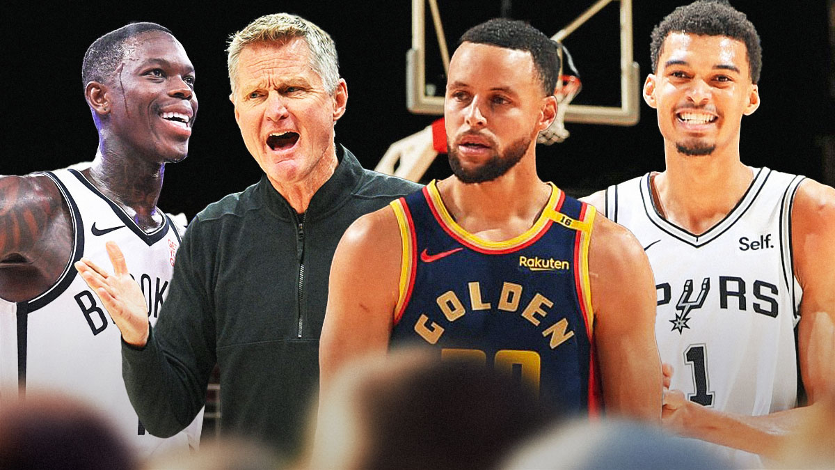 Warriors' Steve Kerr and Stephen Curry looking angry, with cutouts of Spurs Victor Wembanyama and Nets' Dennis Schroder beside them