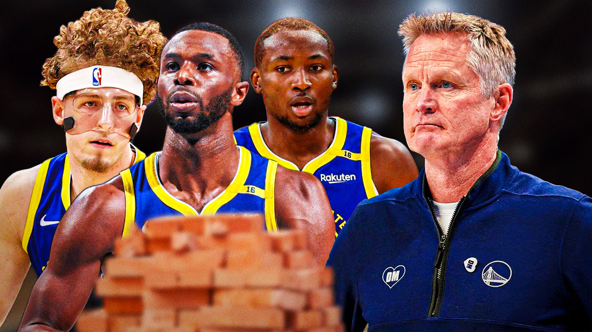 Warriors' Brandin Podziemski, Jonathan Kuminga and Andrew Wiggins shooting bricks, with Steve Kerr looking frustrated