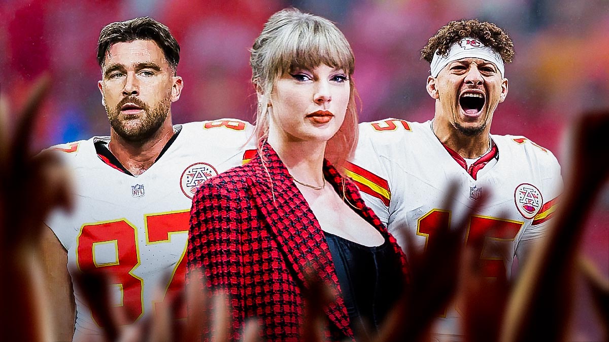 Taylor Swift in between Travis Kelce and Patrick Mahomes of the Kansas City Chiefs, who just defeated the Carolina Patnhers.