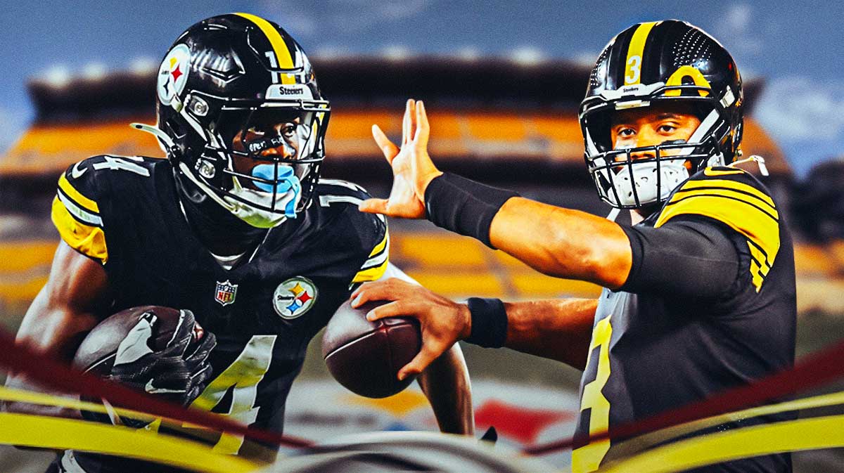 Steelers George Pickens catching a football with Steelers Russell Wilson throwing a football