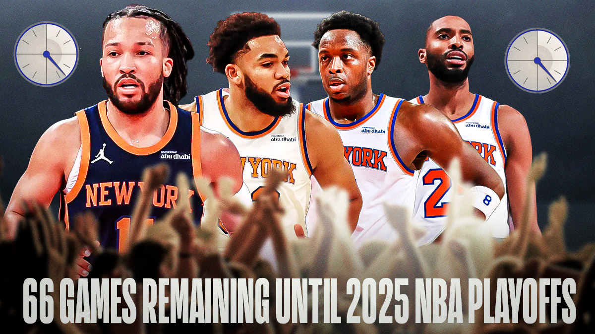 Jalen Brunson, Karl-Anthony Towns, OG Anunoby, and Mikal Bridges standing in a line with a "66 games remaining until 2025 NBA Playoffs" countdown clock/sign above them.