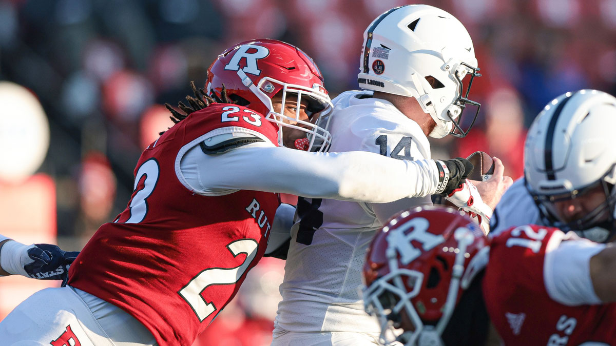 Nov 19, 2022; Piscataway, New Jersey, USA; Rutgers Scarlet Knights defensive lineman Wesley Bailey (23) sacks Penn State Nittany Lions quarterback Sean Clifford (14) during the first half at SHI Stadium.