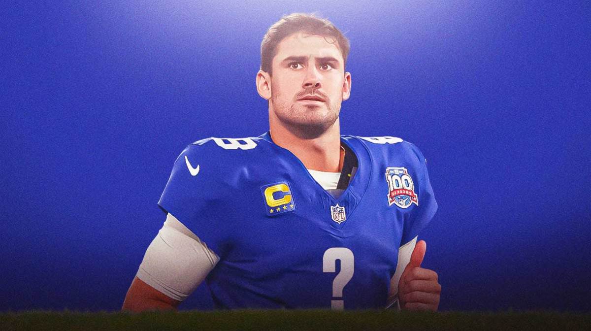 Former Giants QB Daniel Jones with a question mark on his uniform