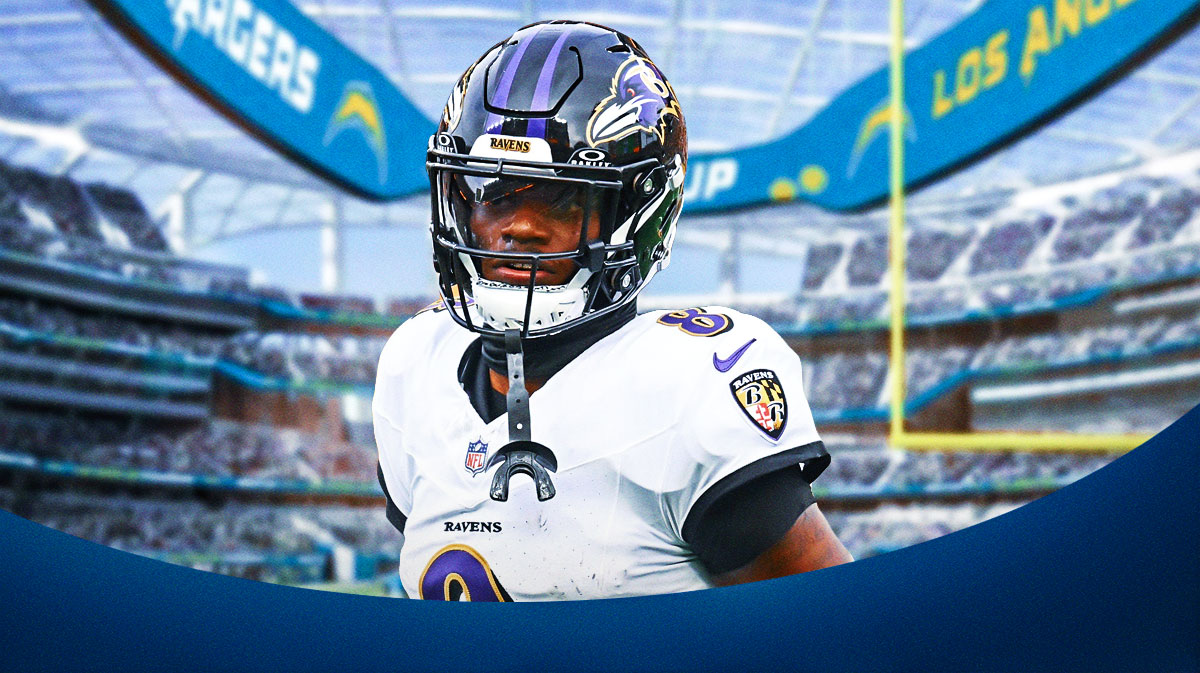 Lamar Jackson. SoFi Stadium in the background in Chargers colors.