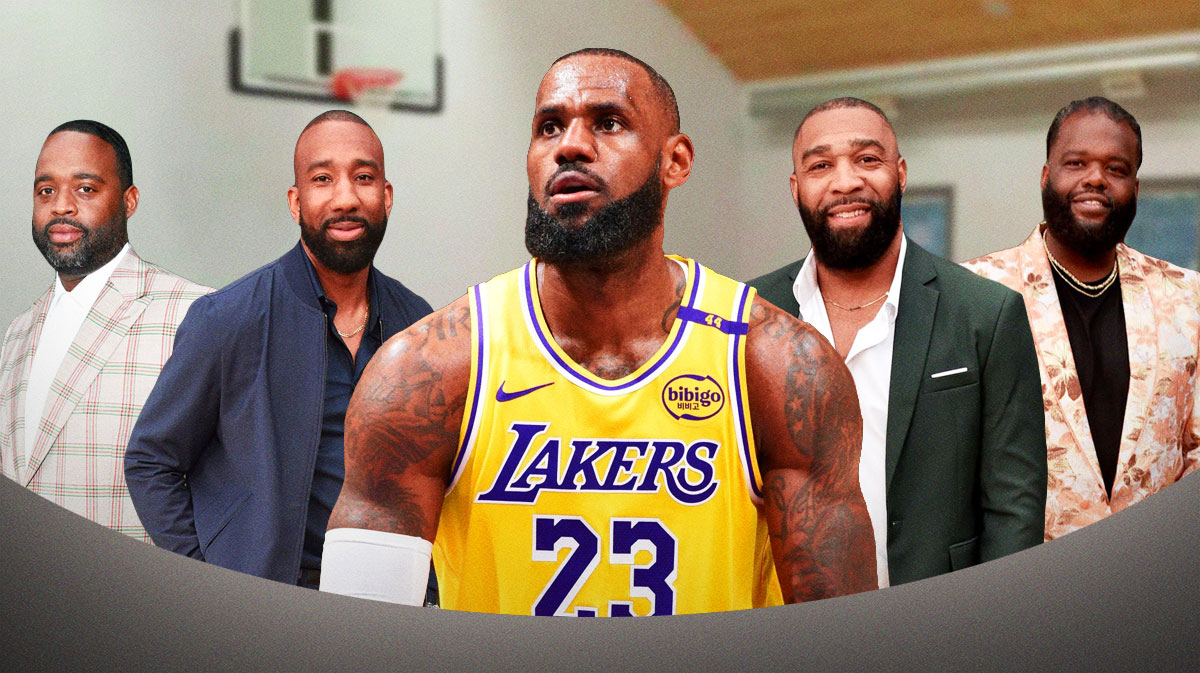 LeBron James in middle, Dru Joyce III and Willie McGee on one side, Romeo Travis and Sian Cotton on the other side, basketball court in background