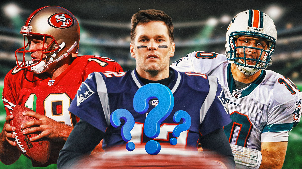 Tom Brady in middle, Chad Pennington and Giovanni Carmazzi on either side, 3-5 question marks, football field in background