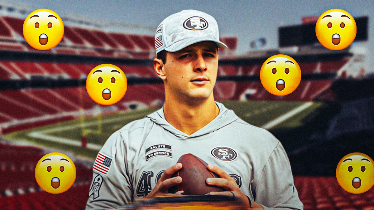 Brock Purdy with surprised face emojis surrounding him.