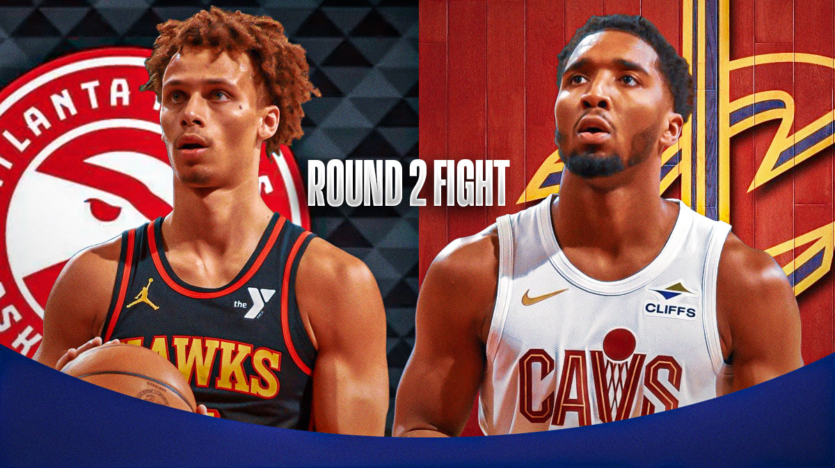 Donovan Mitchell next to Dyson Daniels with the NBA Cup trophy between them featuring a Cavs-Hawks background along with ROUND 2 FIGHT in the bottom center of the picture.