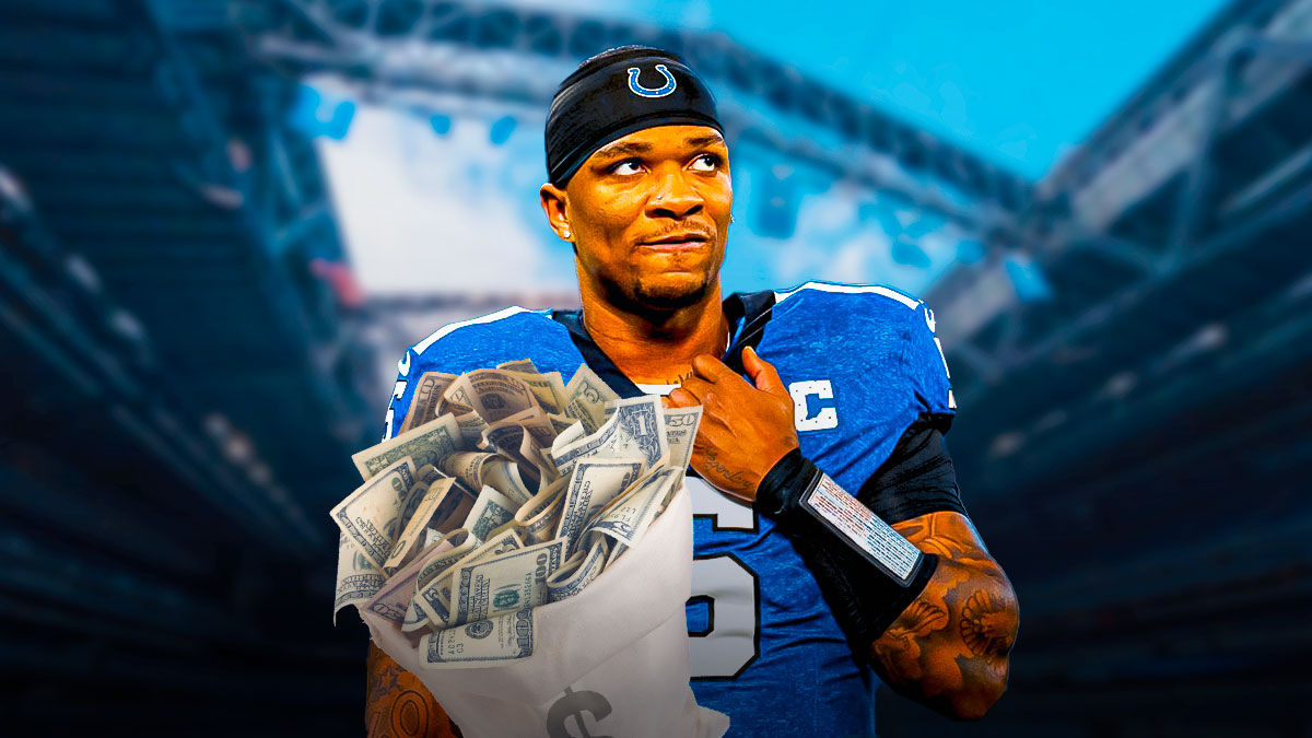 Anthony Richardson in an Indianapolis Colts uniform handing over a bag full of money as Richardson was fined by the league for a hit against the lions.