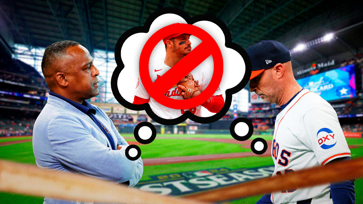 Astros GM Dana Brown and manager Joe Espada with a collective thought bubble and Nolan Arenado inside the thought bubble with a 🚫 emoji around the idea of trading for him.