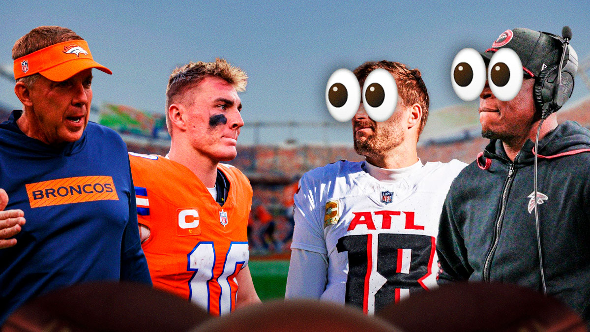 Bo Nix and Sean Payton on one side, Kirk Cousins and Raheem Morris on the other side with the big eyes emoji over their faces