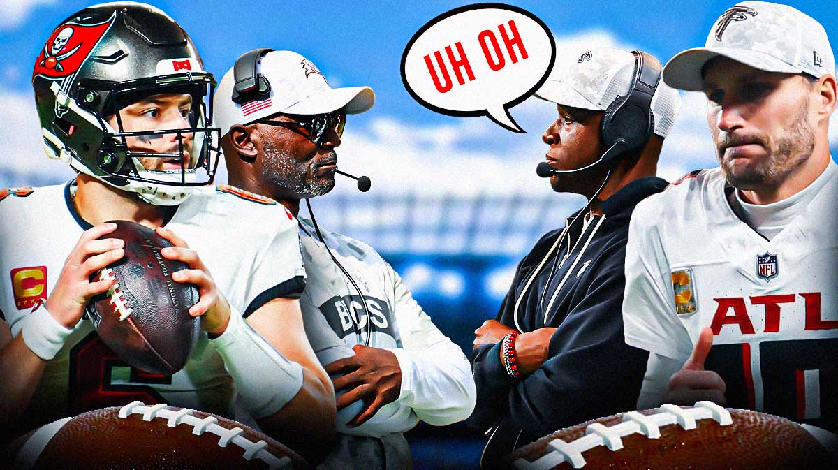 Baker Mayfield and Todd Bowles on one side, Kirk Cousins and Raheem Morris on the other side with a speech bubble that says "Uh oh"