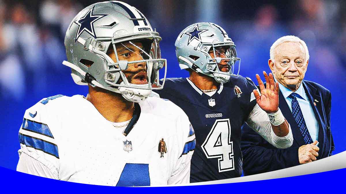 Dak Prescott injured, Dak Prescott throwing a football and Cowboys owner Jerry Jones.