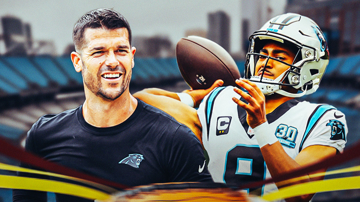 Carolina Panthers head coach Dave Canales and Bryce Young in front of Bank of America Stadium.