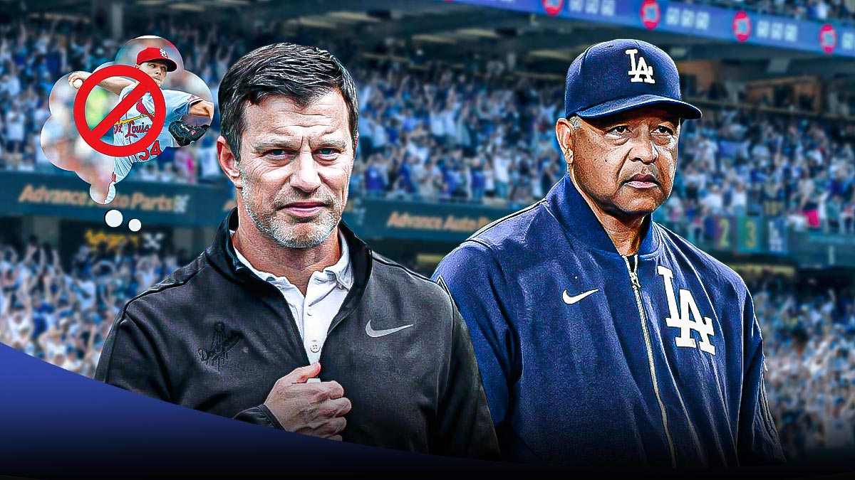 Dodgers' President of Baseball Operations Andrew Friedman standing next to manager Dave Roberts with a collective thought bubble of Sonny Gray with a 🚫 emoji over him