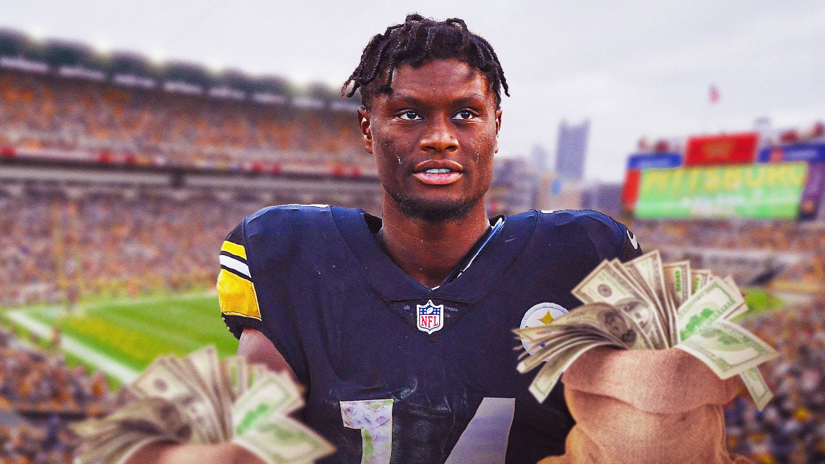George Pickens in a Pittsburgh Steelers uniform with a bag of money as the NFL fined Pickens, the third pickens fine of the season.
