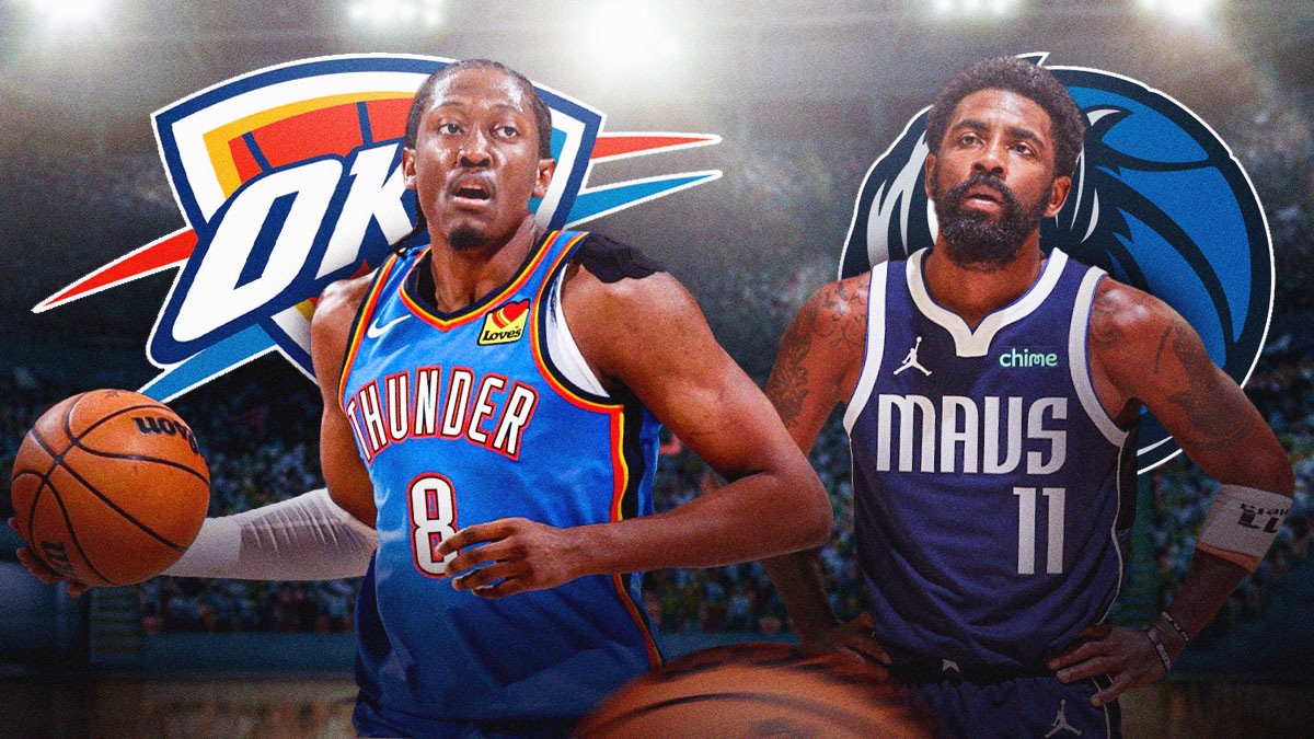Thunder forward Jalen Williams next to Mavericks guard Kyrie Irving with the Thunder & Mavs logo in the background