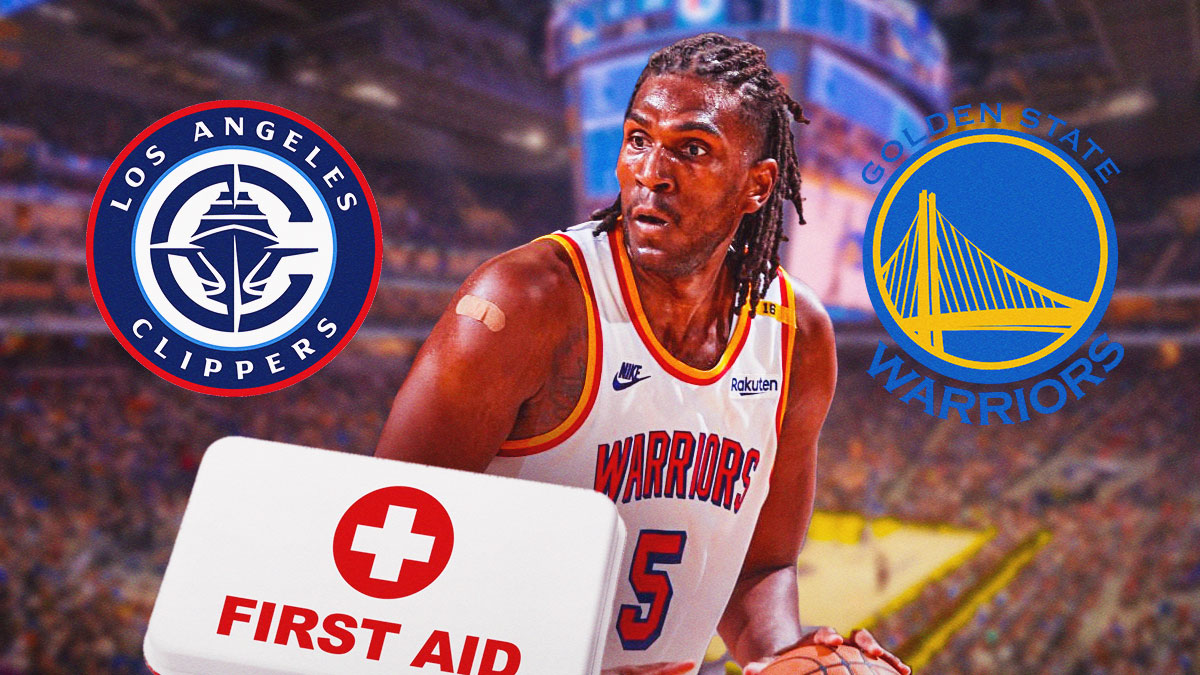 Warriors' Kevon Looney and a medical kit with Warriors and Clippers logos