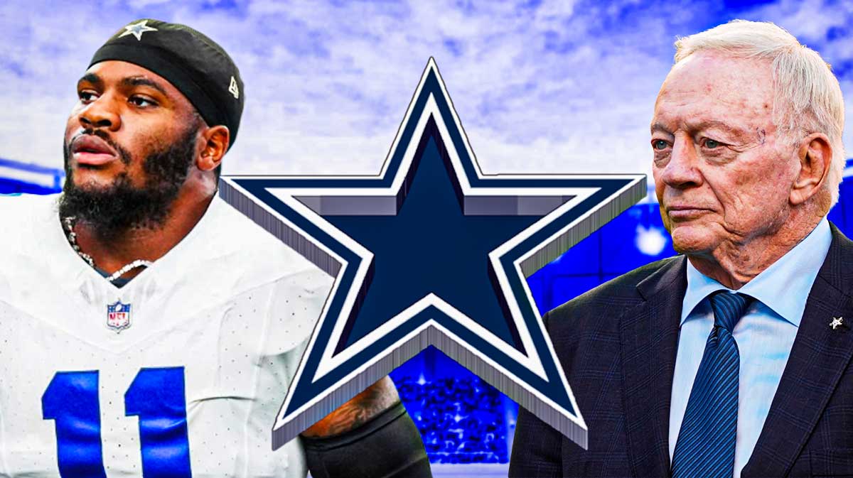 Jerry Jones and Micah Parsons next to a Cowboys logo