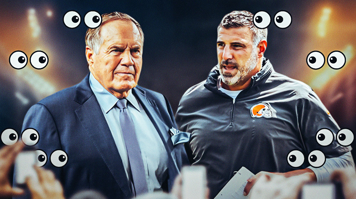 Mike Vrabel, Bill Belichick. Eyeball emojis in the background