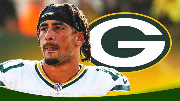 Jordan Love looking sad after a bad game and a Packers logo.