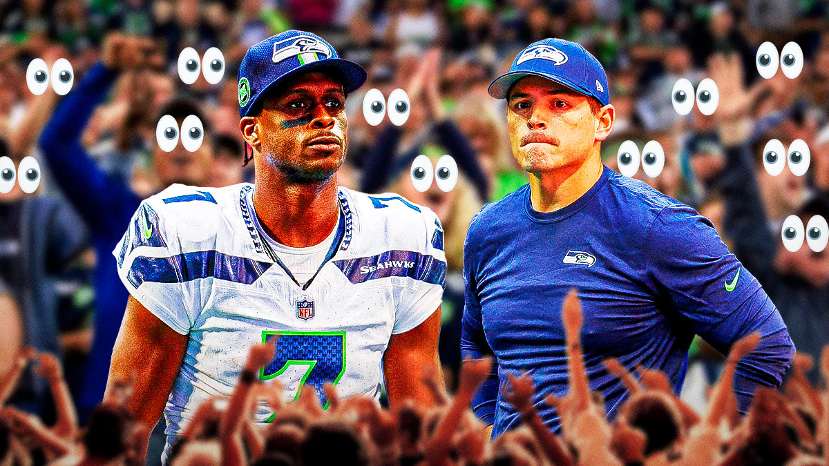Geno Smith and Mike Macdonald on one side, a bunch of Seattle Seahawks fans on the other side with the big eyes emoji over their faces
