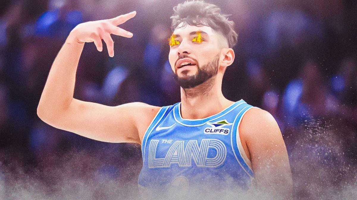 Ty Jerome with fire in his eyes featuring a Cavs-themed BG.