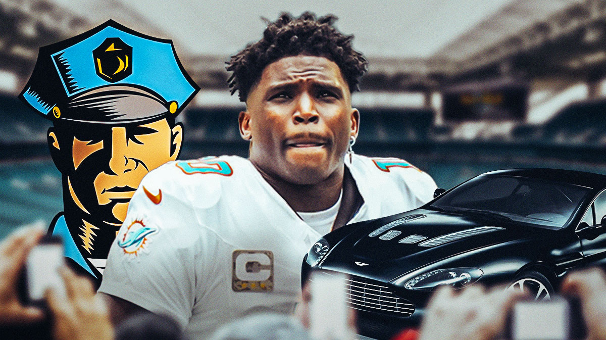 Dolphins Tyreek Hill next to a black sports car and a police officer