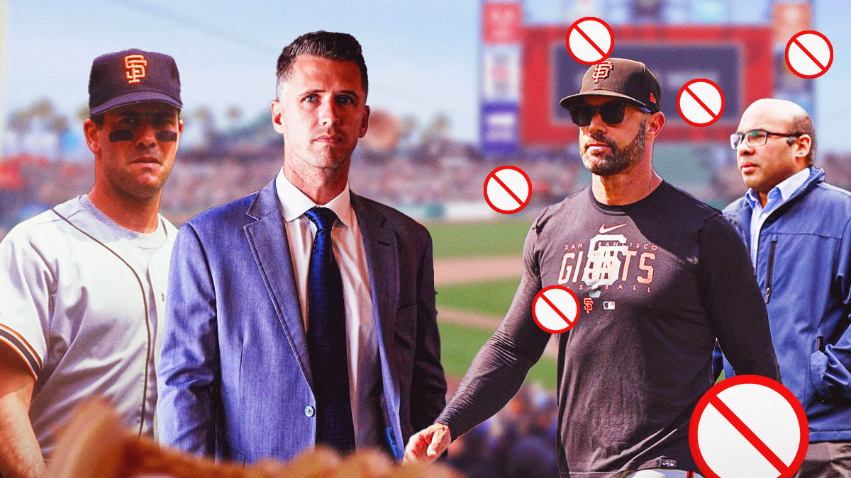 Giants legend Will Clark standing next to Giants president of baseball operations Buster Posey with a 🚫 emoji around Farhan Zaidi and Gabe Kapler