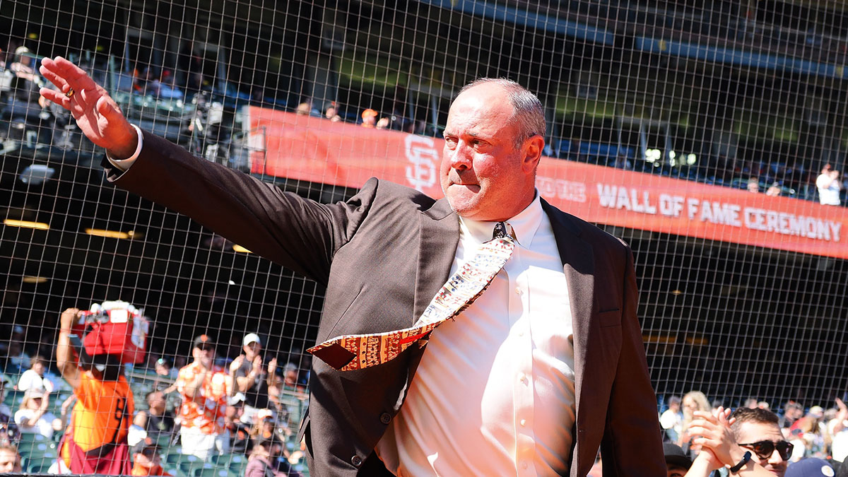 Former San Francisco Giants player Will Clark is introduced during a Wall of Fame induction ceremony before the game against the Atlanta Braves at Oracle Park.