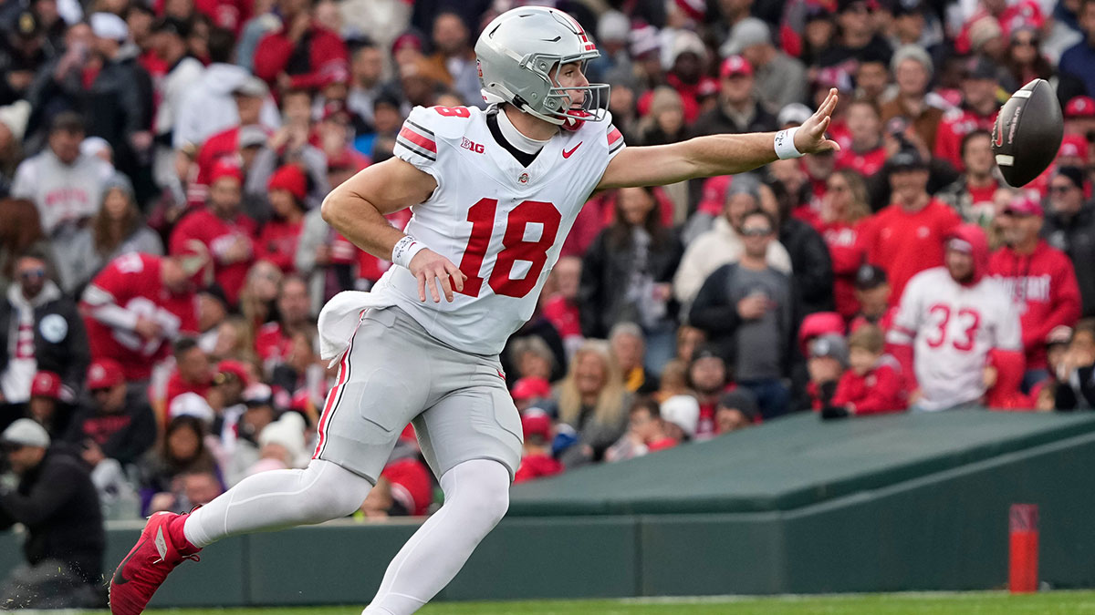 Ohio State Buckeyes quarterback Will Howard (18) makes a shovel pass during the second half of the NCAA football game against the Northwestern Wildcats at Wrigley Field