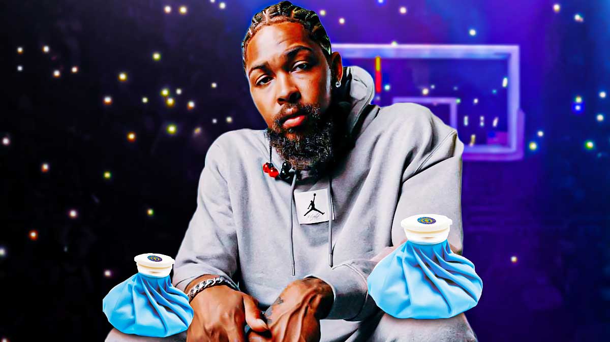 Brandon Ingram with ice packs on both legs, Pelicans logo