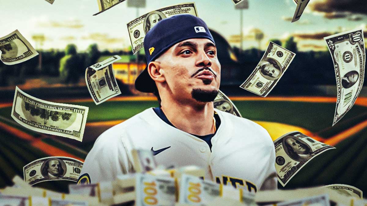 Brewers' Willy Adames smiling, with dollars falling from the sky