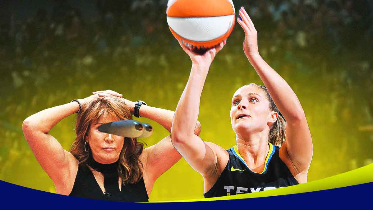 Wings Jacy Sheldon shooting a basketball on left. Nancy Lieberman (2024) image with eyes popping out looking at Sheldon on right.