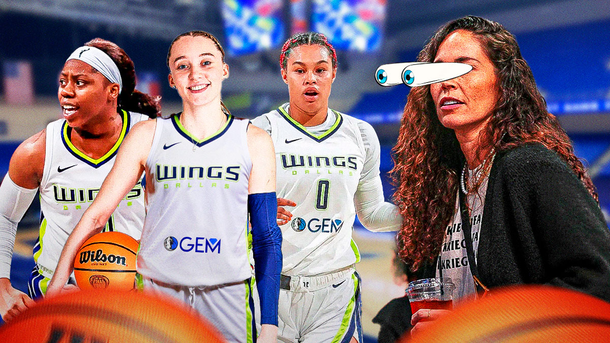 Sue Bird (2024 image) with eyes popping out looking at Paige Bueckers, Arike Ogunbowale and Satou Sabally all in Dallas Wings jerseys.